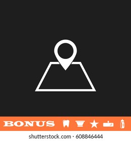 Pin on the map icon flat. White pictogram on black background. Vector illustration symbol and bonus button tooth, vase, star, mirror, bottle