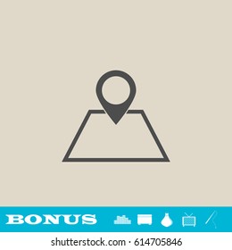 Pin on the map icon flat. Grey pictogram on light background. Vector illustration symbol and bonus button real estate, ottoman, vase, tv, fishing rod