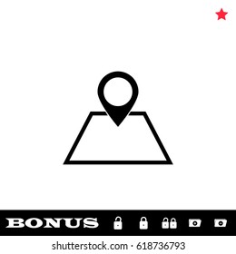 Pin on the map icon flat. Black pictogram on white background. Vector illustration symbol and bonus button open and closed lock, folder, star