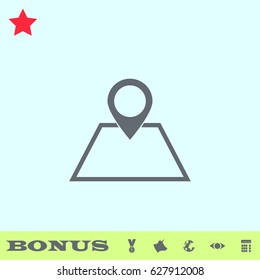 Pin on the map icon flat. Grey pictogram on blue background. Vector illustration symbol and bonus buttons medal, cow, earth, eye, calculator