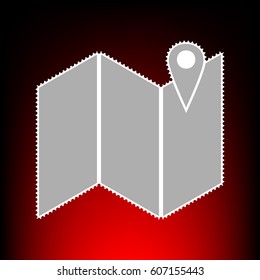 Pin on the map. Postage stam or old photo style on red-black gradient background.