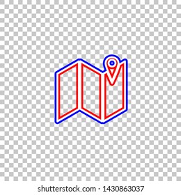 Pin on the map. Red, white and contour icon at transparent background. Illustration.