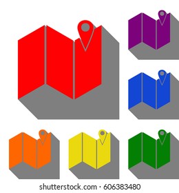 Pin on the map. Set of red, orange, yellow, green, blue and violet icons at white background with flat shadow.