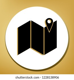 Pin on the map. Vector. Black icon with light brown shadow in white circle with shaped ring at golden background.
