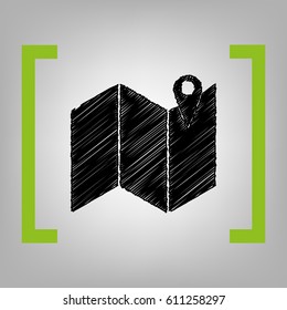 Pin on the map. Vector. Black scribble icon in citron brackets on grayish background.