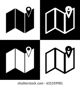 Pin on the map. Vector. Black and white icons and line icon on chess board.