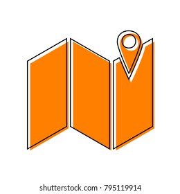 Pin on the map. Vector. Black line icon with shifted flat orange filled icon on white background. Isolated.