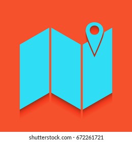 Pin on the map. Vector. Blue icon with soft shadow putted down on flamingo background.