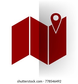 Pin on the map. Vector. Bordo icon on white bending paper background.
