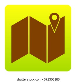 Pin on the map. Vector. Brown icon at green-yellow gradient square with rounded corners on white background. Isolated.