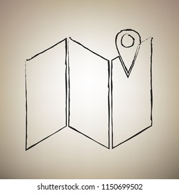 Pin on the map. Vector. Brush drawed black icon at light brown background.