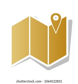 Pin on the map. Vector. Golden gradient icon with white contour and rotated gray shadow at white background.