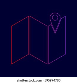 Pin on the map. Vector. Line icon with gradient from red to violet colors on dark blue background.