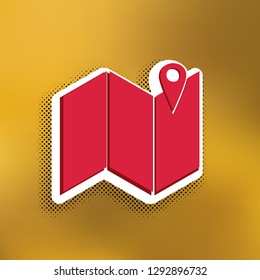 Pin on the map. Vector. Magenta icon with darker shadow, white sticker and black popart shadow on golden background.