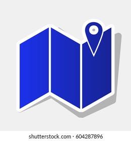 Pin on the map. Vector. New year bluish icon with outside stroke and gray shadow on light gray background.