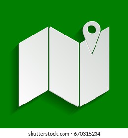 Pin on the map. Vector. Paper whitish icon with soft shadow on green background.