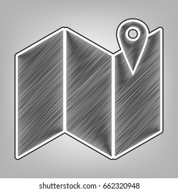 Pin on the map. Vector. Pencil sketch imitation. Dark gray scribble icon with dark gray outer contour at gray background.