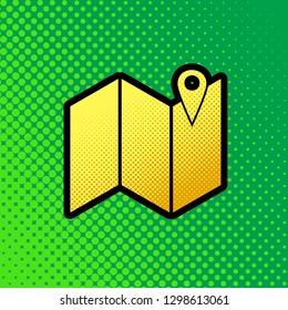 Pin on the map. Vector. Pop art orange to yellow dots-gradient icon with black contour at greenish background.