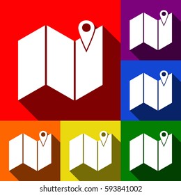 Pin on the map. Vector. Set of icons with flat shadows at red, orange, yellow, green, blue and violet background.