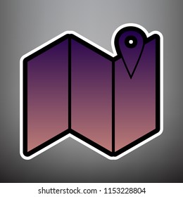 Pin on the map. Vector. Violet gradient icon with black and white linear edges at gray background.