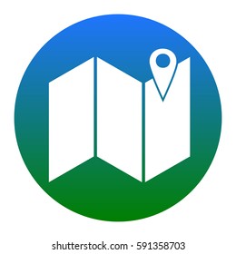 Pin on the map. Vector. White icon in bluish circle on white background. Isolated.