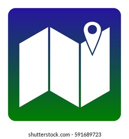 Pin on the map. Vector. White icon at green-blue gradient square with rounded corners on white background. Isolated.