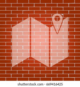 Pin on the map. Vector. Whitish icon on brick wall as background.