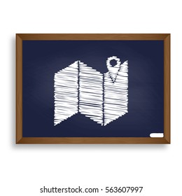 Pin on the map. White chalk icon on blue school board with shadow as background. Isolated.