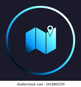 Pin on the map. White, cyan and blue gradient icon as round button in white shell at dark blue background. Illustration.