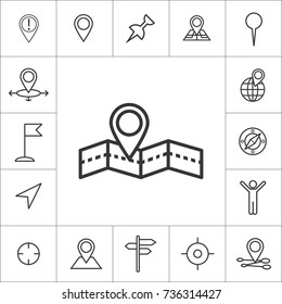 pin on road. Navigation system. Set of icons for map and online route