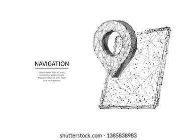 Pin on tablet screen isolated from low poly wireframe on white background. Traveling and technology. Vector abstract polygonal image mash line and point. Black digital vector image