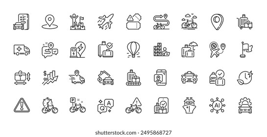 Pin, Plane and Ship line icons pack. AI, Question and Answer, Map pin icons. Car registration, Charging time, Delivery man web icon. Inventory, Car service, Baggage cart pictogram. Vector