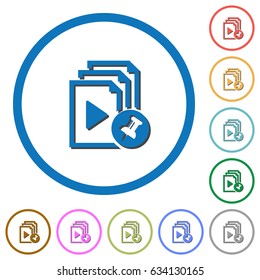 Pin playlist flat color vector icons with shadows in round outlines on white background