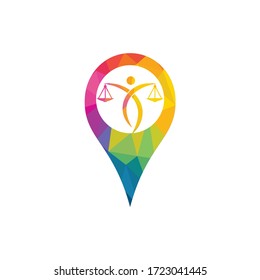 Pin point and human holding scale of Justice. Education, legal services logo. Notary, justice, lawyer icon or symbol Vector	