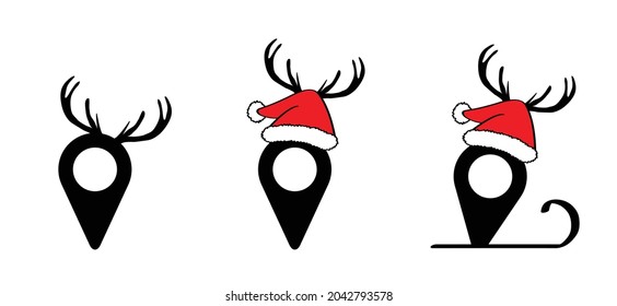 Pin point icon, ocation pointer symbol. Trace and trackroute. Cartoon deer icon. Animal deer pictogram. Flat vector hoove silhouett. For christmas ( xmas ) banner. Deer antlers sign. Reindeer,