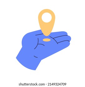 Pin point, location marker in hand icon. Map pointer, place mark, indicator in palm. GPS navigation, destination, position search concept. Flat vector illustration isolated on white background