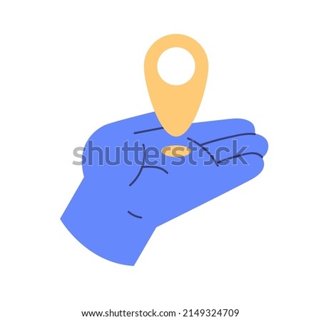 Pin point, location marker in hand icon. Map pointer, place mark, indicator in palm. GPS navigation, destination, position search concept. Flat vector illustration isolated on white background