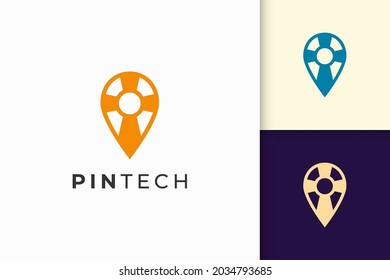 Pin or point logo in simple line and modern shape for tech company