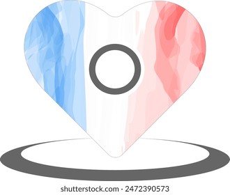 Punto de pin en forma de corazón con la bandera de Francia en el fondo, icono de pin de ubicación. Ilustración vectorial
