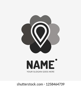 Pin point sign and flower form. Vector logo design. Business concept icon.