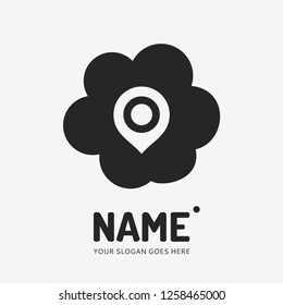 Pin point sign and flower form. Vector logo design. Business concept icon.