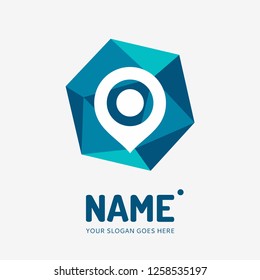 Pin point sign and geometric form. Vector logo design. Business concept icon.