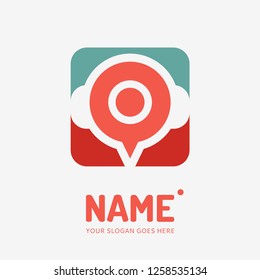 Pin point sign and headphones form. Vector logo design. Business concept icon.