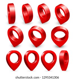 Pin pointer. Map 3d location point pins, arrow pointers and locate points pin mark. Pointer direction navigation marker, red location pointer. Cartography pointing isolated vector symbol set