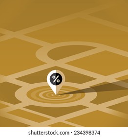Pin pointer with shopping sales symbol (percent) icon on the map. Abstract vector illustration. Idea - Shopping sales and discounts, Black friday. 