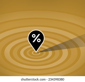 Pin pointer with shopping sales symbol (percent) icon on the map. Abstract vector illustration. Idea - Shopping sales and discounts, Black friday. 