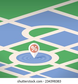 Pin pointer with shopping sales symbol (percent) icon on the map. Abstract vector illustration. Idea - Shopping sales and discounts, Black friday. 