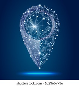 Pin Pointer.isolated from low poly wireframe on space stars background. Vector abstract polygonal image mash line and point.