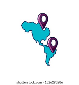 pin pointers location with american continent map vector illustration design