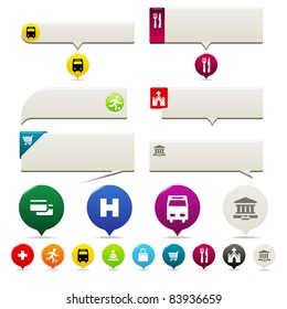 Pin points and Tool Tip set. Six tool tip styles and Pin Points with icons in several colors.